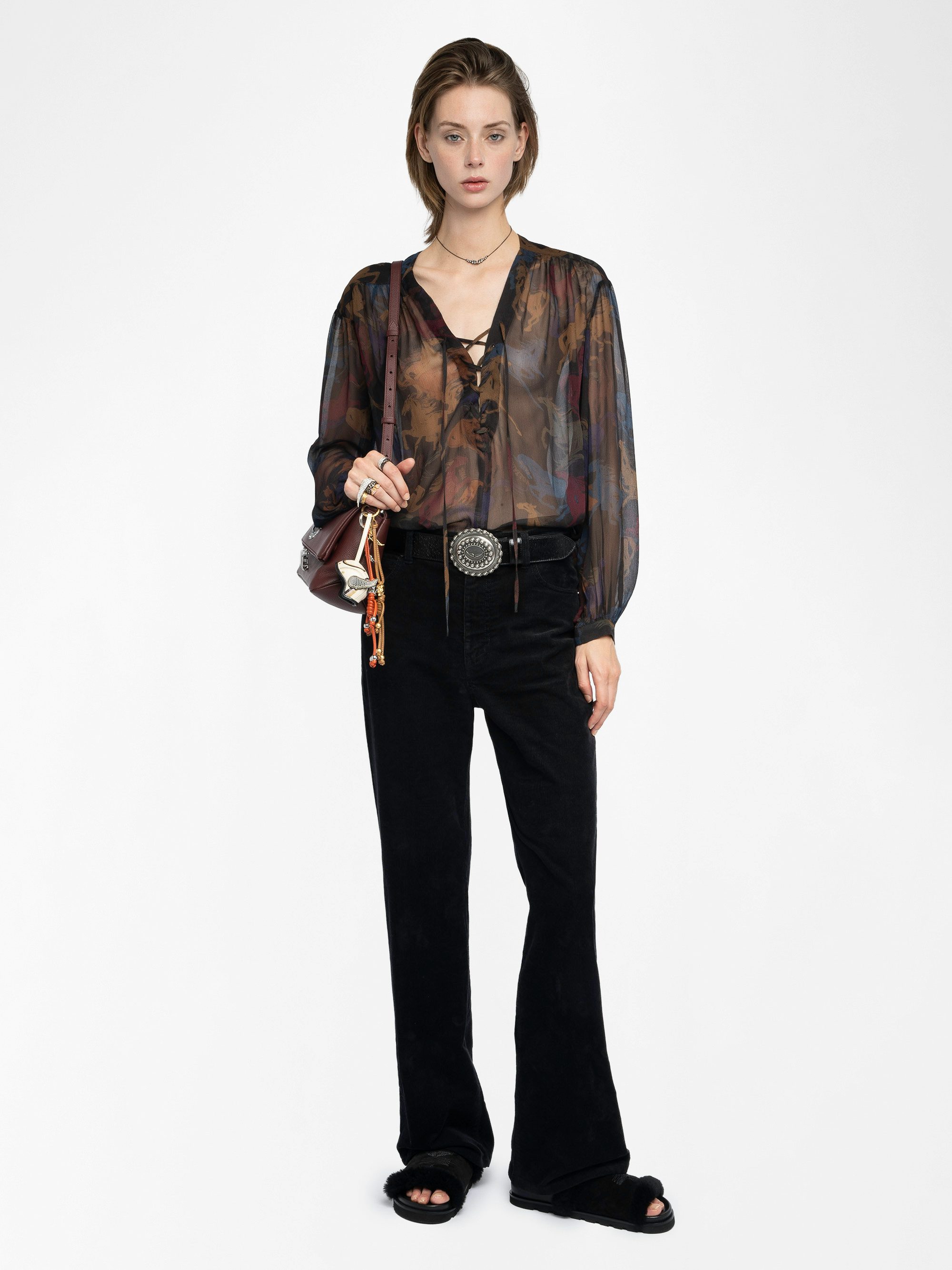 Tamela Shirt - Printed chiffon shirt with balloon long sleeves, western cut and lace-up neckline.
